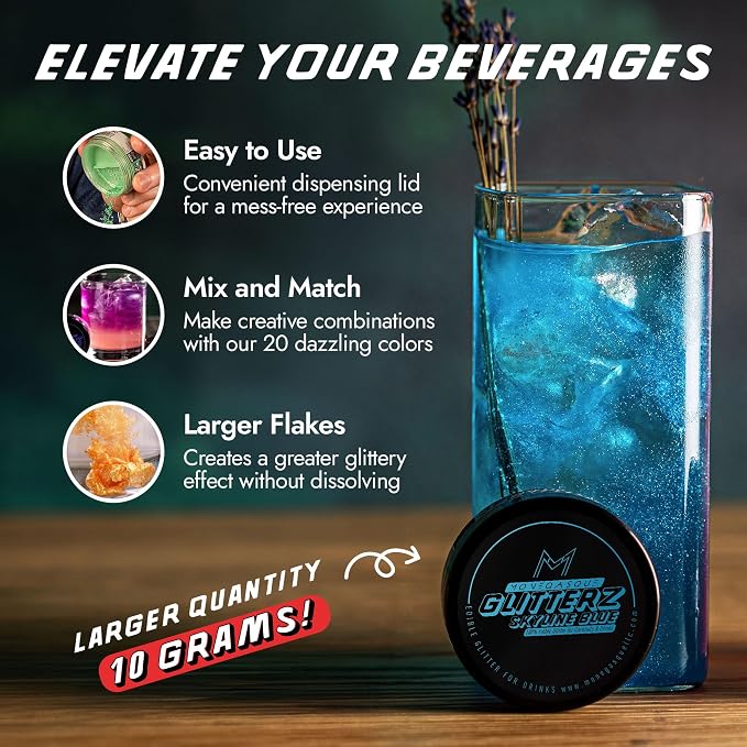 MONÉGASQUE Skyline Blue Edible Glitter for Drinks 10g – Blue Edible Glitter for Cakes & Cupcakes - Champagne & Cocktail Drink Flakes - 4th of July Food Decorating Sprinkles & Cake Decorations Spray