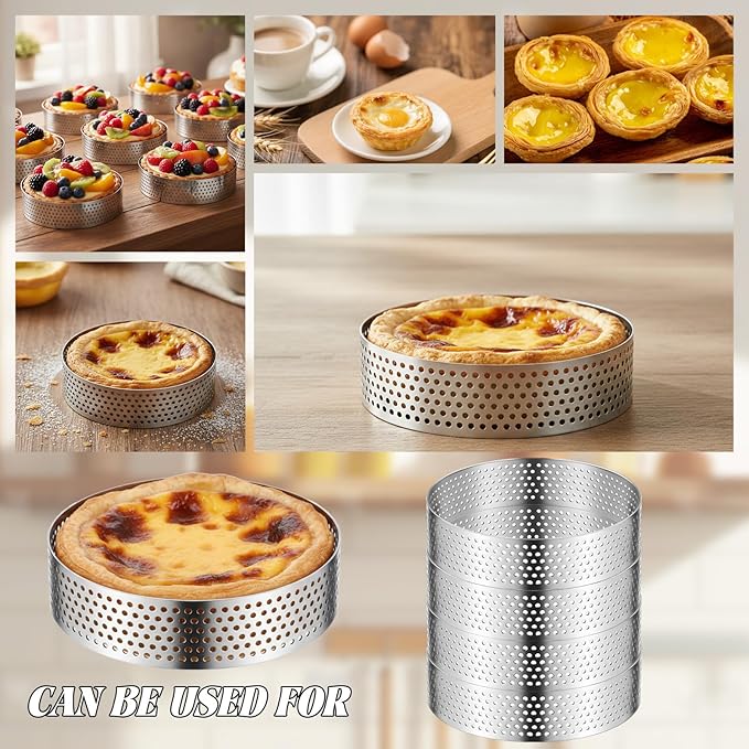 20 Pcs 3.15'' Perforated Tart Rings, Round Stainless Steel Baking Nonstick Metal Round Cake Ring for Cookies fruit tarts Prevent Soggy Crust & Even Baking