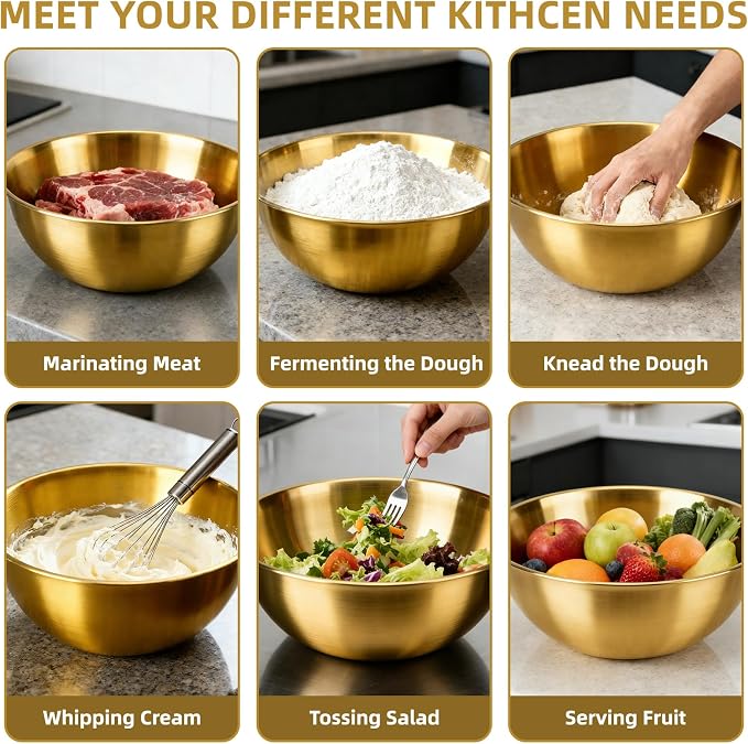 3-Piece Stainless Steel Golden Mixing Bowls (7.1") Metal Bowl with Measurement Marks, Dishwasher Safe & Stackable - Perfect for Baking, Salad Making, Meal Prep and Kitchen Use
