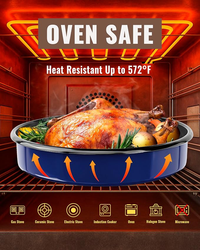 Enamel Pizza Pan Deep Dish Roasting Pan 10 Inch Round Cake Pan High Temperature Resistance Non-Stick Chicken Roaster Tray, Oven Dishwasher Safe Birthday Gift Bread Baking Pan