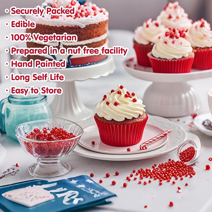 Edible Red Pearl Sprinkles,130g,Edible Pearl Sugar Sprinkles,Baking Edible Cake Decorations,Cupcake Toppers,Cookie Decorating,Donuts Ice Cream Toppings,Wedding Birthday Party Supplies