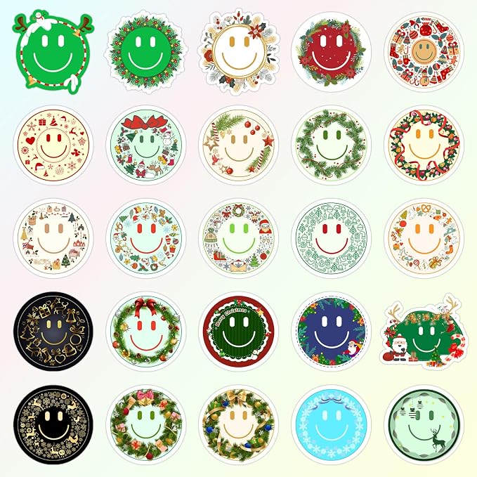 50PCS Smile Christmas Stickers | Cute Water Bottle Stickers for Kids, for Teaching Rewards, Notebooks, Stationery, Luggage, Cartoon PVC Happy Stickers