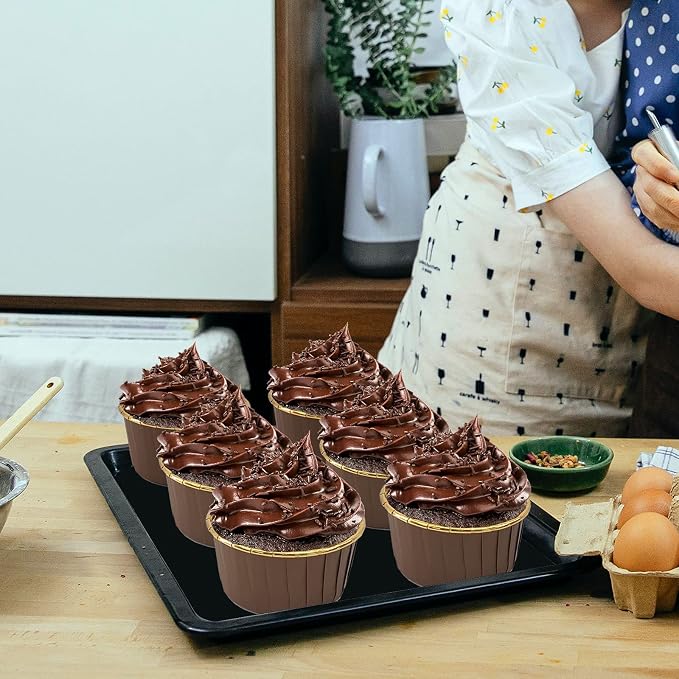 Foil Cupcake Liners With Dome Lids 100 Pack,LNYZQUS 5.5 Oz Muffin Cups Muffin Tins,Disposable Ramekins Cupcake Cups Wrappers Holders,Large Muffin Liners Baking Cups,with Spoons-Brown in Gold