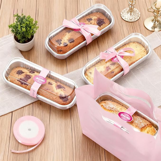 6.8oz Mini Loaf Pans with Lids, 100 Pcs Disposable Rectangular Aluminum Cake Pans, Pink Mini Baking Pans with Lids and Spoons, Includes 20 Pink Gift Bags, Small Cake Tins Ideal for Mini Cakes