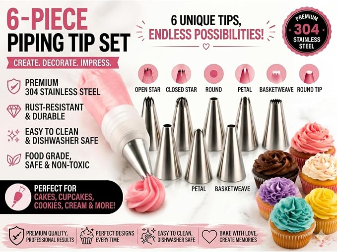 Piping Bags and Tips Set, Piping Tips, 20 Piping Tips, Stainless Stell Machine Washable For Chefs and Kitchens Whipped Cream Tip Set (6-Piece)