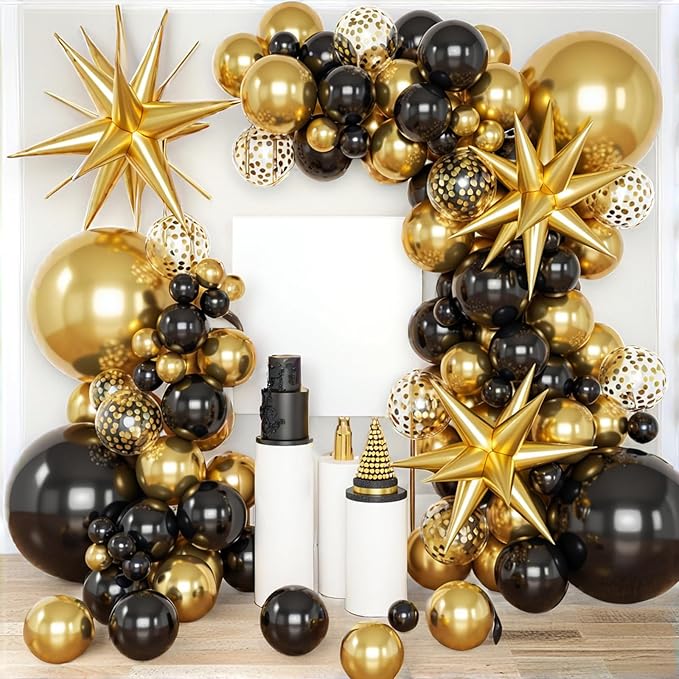 PartyWoo Black and Gold Balloon Arch Kit Garland 140pcs Different Sizes of 18 12 10 5 Inch Black Metallic Gold Confetti 22 Inch Star Balloons for Graduation Birthday New Year's Eve Party Decorations