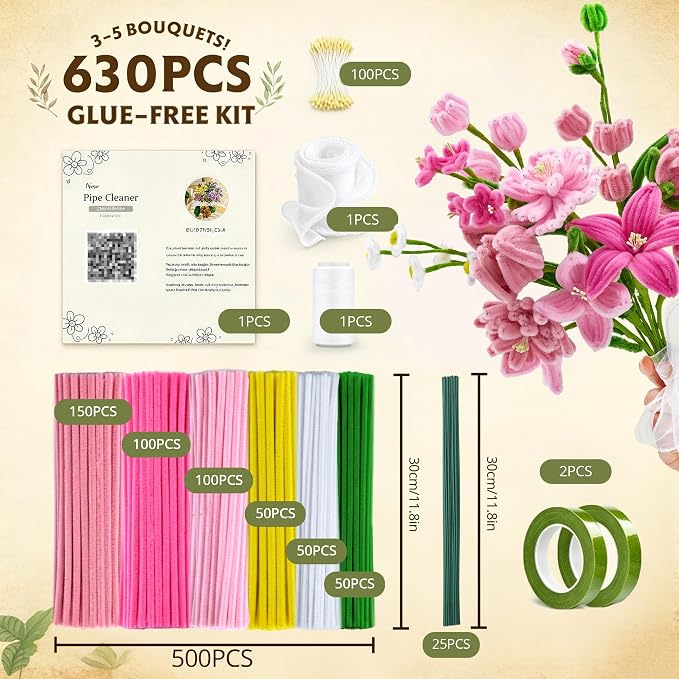 LENYNAL 500 Pcs Pastel Pipe Cleaners Bulk Craft, Pink Pipe Cleaner Flower Kit, Glue-Free & Safe for Kids, Step-by-Step Tutorial, 6 Colors Chenille Stems for Flower Making