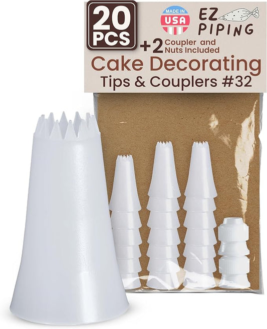 Reusable Plastic Piping Tips Standard Size Star Tip #32 20 Packs Icing Nozzles for Cake Decoration and Dessert Design Icing Baking Supplies Base Ø 0.75" Height 1.25"