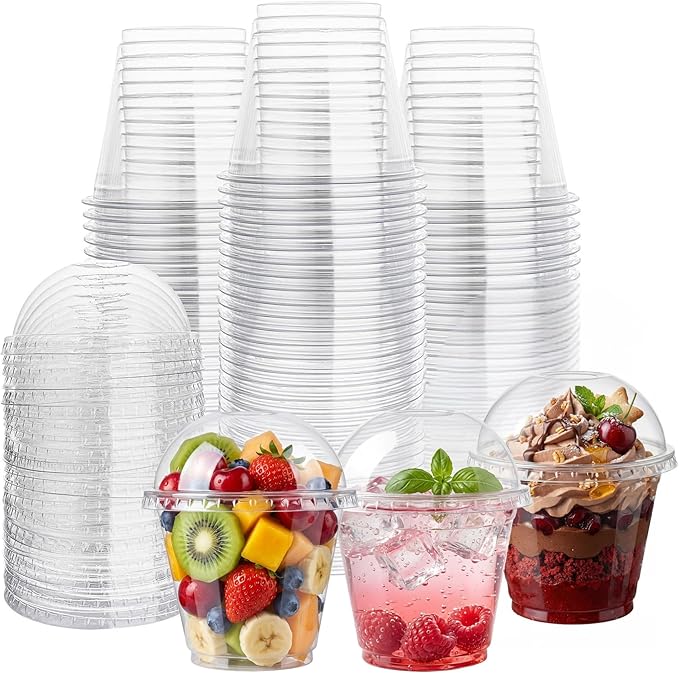 Lullaby 100Pack 9oz Clear Plastic Cups with Dome Lids, Dessert Cups with Lids, Disposable Parfait Cups, Party Cups Cupcake for Parties and Daily Use