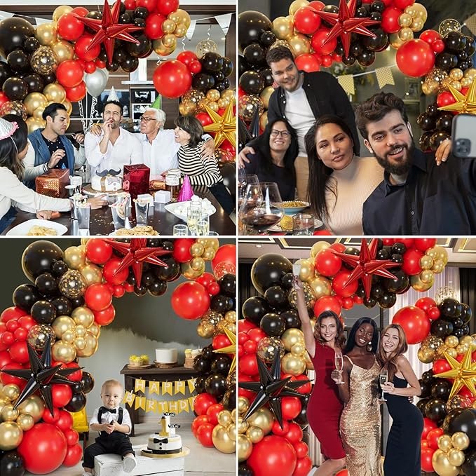 Bonropin 161pcs Red Black and Gold Balloons Garland Arch Kit with 5/10/12/18in Red Black Gold Balloons Explosion Star Balloons for 2025 Graduation Anniversary Casino Wedding Birthday Party Decorations