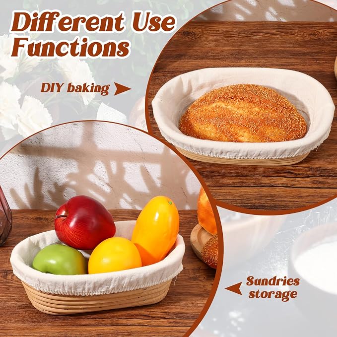 3 Pcs 10 Inch Oval Banneton Proofing Baskets, Rattan Sourdough Bread Baking Supplies with Cloth Liners for Home Bakers