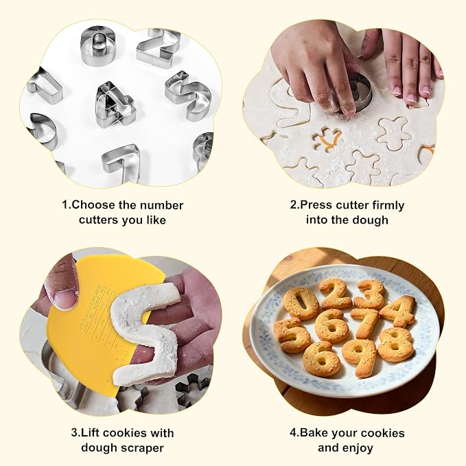 Number Cookie Cutter Set - 10Pcs Mini Cookie Cutters Variety Pack with Dough Scraper, Stainless Steel Numbers 0-1-2-3-4-5-6-7-8-9 Cookie Mold for Biscuits, Fondant