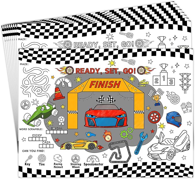45pcs Race Car Disposable Coloring Placemats Racing Crafts for Kids Birthday Party Favors Coloring Poster Speed Car Checkered Flag Tire Activity Church Supplies Paper Table Mats