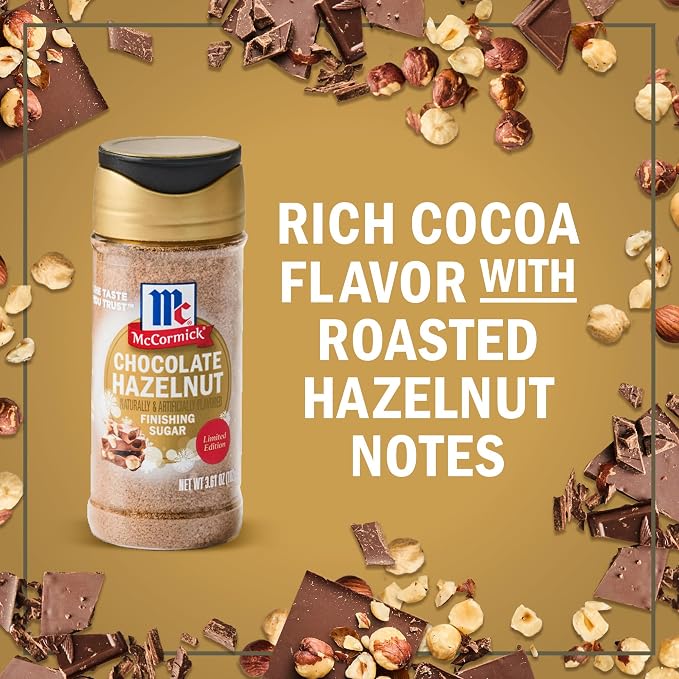 McCormick Finishing Sugar, Chocolate Hazelnut, Limited Edition, Rich Cocoa and Roasted Hazelnut Notes, For Cookies, Ice Cream, Dessert, Beverages, and More, 3.61 oz (Pack of 2)