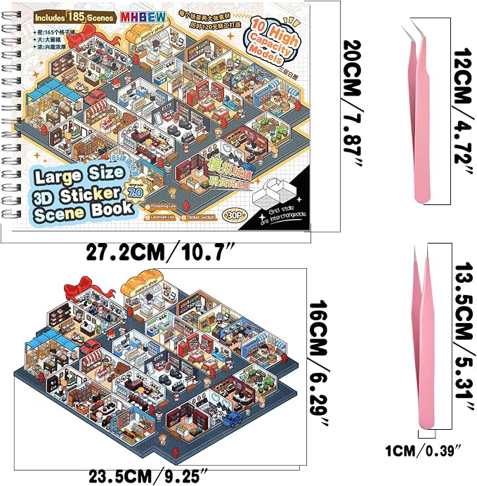 10 Sets Big Size DIY 3D Sticker Scene Collection Book Isometric Miniature Cozy Room Sticker Book for Kids Adults Large Cute Make Your Own House Stickers for Gifts Paint by Sticker with Tweezer (City)