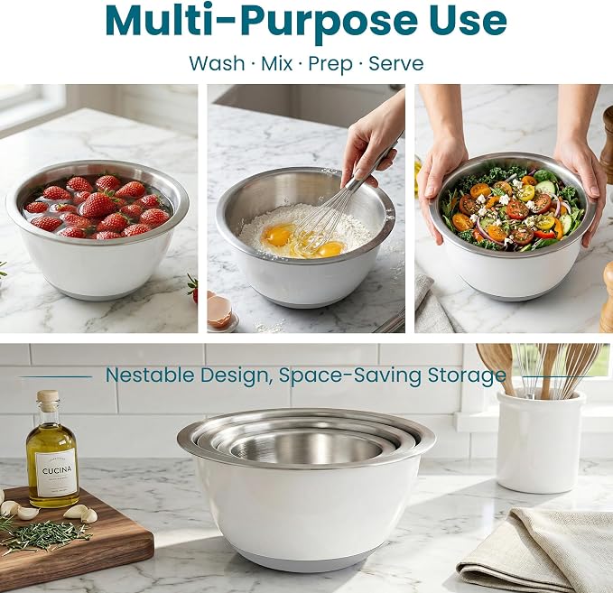 Rorence Mixing Bowls Set with Lids, 18/8 Stainless Steel Mixing Bowls with Non-Slip Silicone Base & Measurement Marks, Airtight Food Storage for Baking, Cooking & Meal Prep,1.5QT/3QT/5QT/White