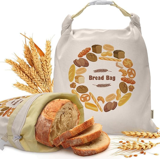 Large Linen Beeswax Bread Bags(2 Pack) Sourdough Bread Bags Reusable Double-Lock Freezer Baking Container Gift Giving for Homemade,Loaf,Sourdough,Food Storage (Bread Wreath Print)