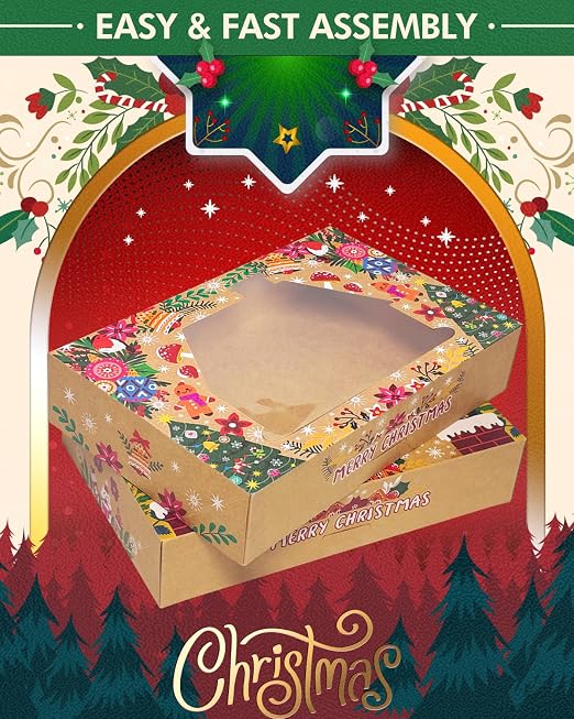 qiqee Christmas Bell version Cookie Boxes with Window 12packs 12x8x2.5 Inch Bakery Box Pastry Box for Christmas