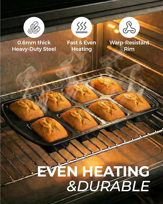 CARTMAN 2-Pack 8-Cavity Mini Loaf Pans Set with Spatula & Brush – 15.5” x 10” Nonstick Carbon Steel Small Bread Pan for Banana Bread, Meatloaf & Keto Snacks Classic Black