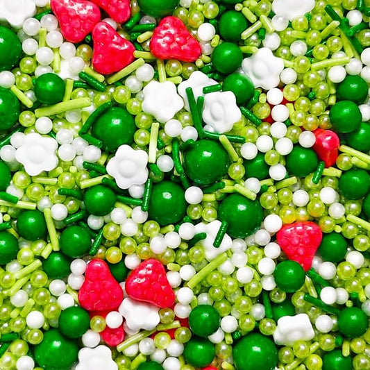 Strawberry Sprinkles 4.6oz - White Flowers Green Pearls Jimmies Sprinkles Mix for Cake Decorating, Summer Cupcake Topper, Birthday & Spring Baking Supplies