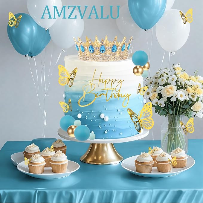 Crown Cake Topper, Blue & Gold Crown Balls Happy Birthday Cake Toppers Candles Butterfly, Corona Para Pastel, Crown Cake Decorations for Women Queen Princess Men (Gold, Lake Blue)