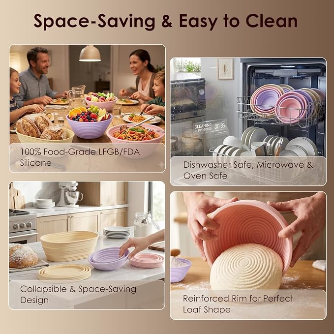 Silicone Banneton Bread Proofing Baskets, Sourdough Starter Kit Baking Supplies - 5'' and 9" Round, 10" Oval Foldable Non-Stick Dough Proofing Bowl Containers Sets Gifts