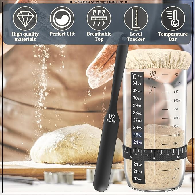 Upgraded Sourdough Starter Jar Kit –24 oz Glass Jar with Date Marked Feeding Band, Thermometer, Scraper, Cleaning Brush & Measuring Cups, Complete Bread Baking Supplies
