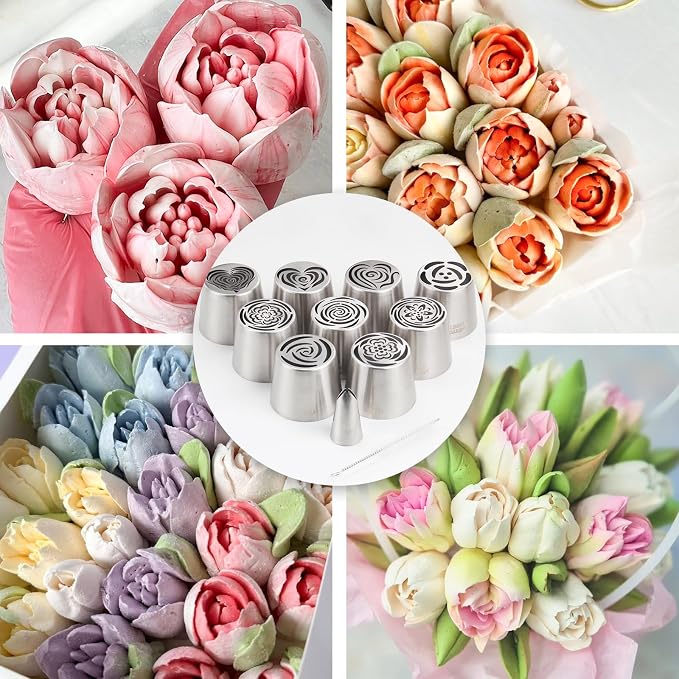 11-Piece Extra-Large Russian Flower Piping Tip Set, Stainless Steel Rose and Tulip Piping Tips for Cake Decoration, Including 9 Extra-Large Flower Tips, 1 Leaf Tip, and 1 Brush
