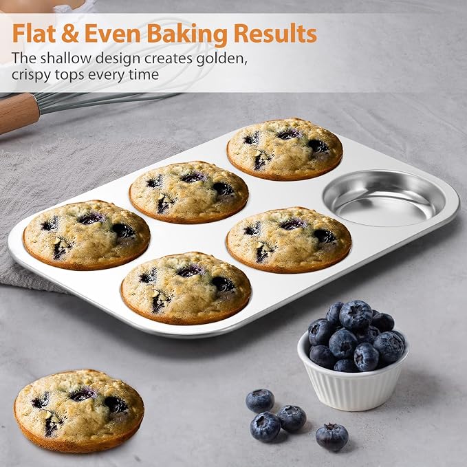 E-far Muffin Top Pan, Stainless Steel 6-Cavity Shallow Cupcake Pan for Baking Whoopie Pie, Yorkshire Pudding, Eggs, Cornbread, Drop Cookies, Non-toxic & Standard Size, Oven & Dishwasher Safe