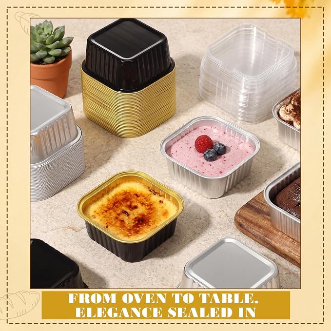200 Pack 5 oz Mini Cake Pans with Lid, Aluminum Foil Mini Baking Tins, Square Disposable Cupcake Baking Cup Dessert Container for Wedding Birthday Party Picnic (Black,Silver,Classic)
