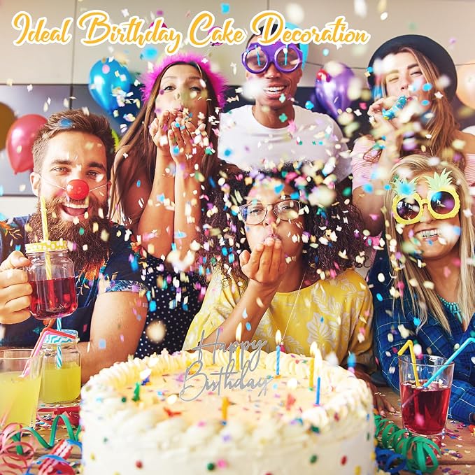Barydat 24 Pieces Silver Happy Birthday Cake Toppers Mirror Acrylic Cupcake Topper Happy Birthday Sign for Cake Side Cupcake Decorations, 6 Styles