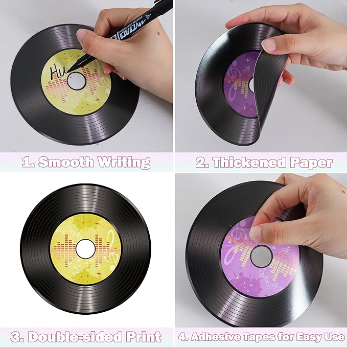 Vuzvuv 48Pcs 70s 80s 90s Disco Records Paper Cutouts with 100Pcs Glue Points,Records Cut Outs Bulletin Board Decorations for Birthday Party Theme Decor Supplies