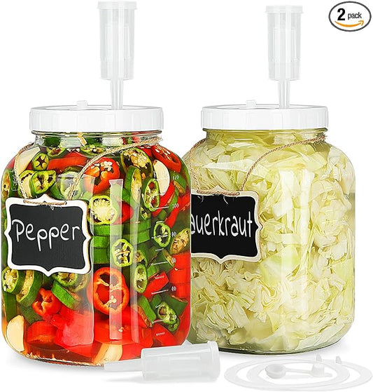 Folinstall 2 Pack 1 Gallon Large Fermentation Jars w 2 SCREW Lid and 3 Airlock - 100% Airtight Lid, Wide Mouth Glass Jar, Pickle Jar w Scale Mark for Sourdough Starter