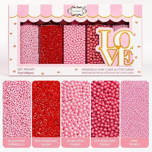 Confect Sprinkles for Cakes & Cupcakes Decoration Assorted pack of 5 Pink Pop Sprinkles Mix Blush Pink, Baby Suger & Coral Dragees Baby Pink Jimmies Vegan, Gluten-Free, Nut-Free, Soy-Free, Dairy-Free , Handcrafted Sprinkle- 5 Oz
