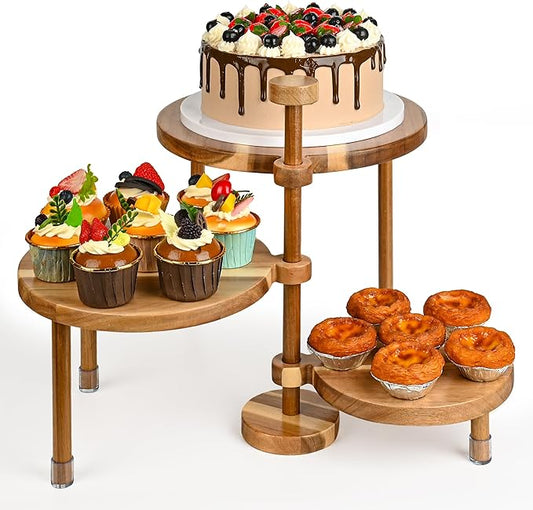 GEHE 3 Tier Round Cupcake Stand, 360° Rotatable Acacia Wood Cake Stand Cupcake Tower, Rustic Wooden Tiered Dessert Table Display Set, Tiered Tray Stands for Birthday, Wedding Party (12-10-8 IN)