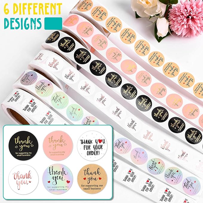 3000Pcs 1Inch Thank You Stickers, 6Rolls Thank You for Supporting My Small Business Stickers Handmand Thank You for Your Order Stickers Labels Packing Supplies for Baking Envelopes Gift Wraps Crafts