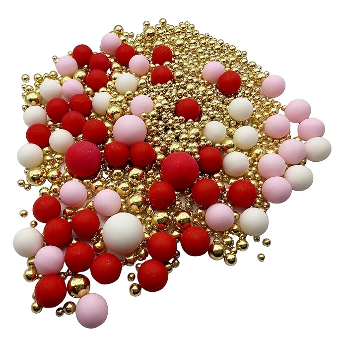 SE Si&Moos Gold Pink Red and White Sprinkles for Cake Decorating Valentines Sprinkles Red and Pink Edible Pearl Cake Decorations Gold Sprinkles for Cake, Cupcake, Baby Shower Birthday Party Holiday Christmas Supplies 3 OZ