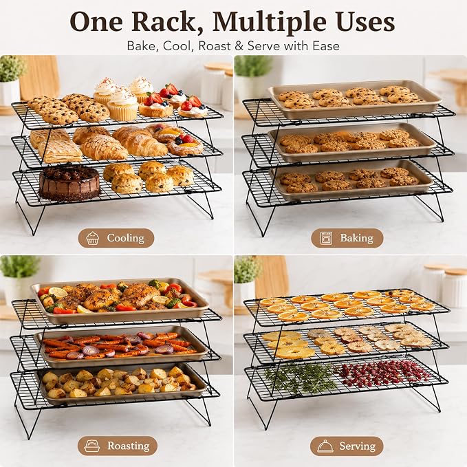 Cooling Rack, 3 Tier Stackable Cooling Racks for Cooking Baking Roasting, Multi-Level Collapsible Cookie Rack for Cakes, Oven Safe & Easy Clean (Black, 3-Tier)