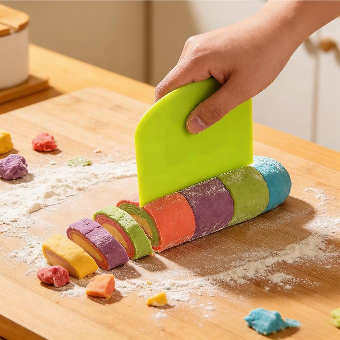 4 Pcs Dough Scraper Set, Flexible Plastic Bowl Scrapers, 4.6x3.65 Inch Sharp Edge Bench Scraper for Baking, Cake Decorating Tools (4, Pink/Blue/Green/White)