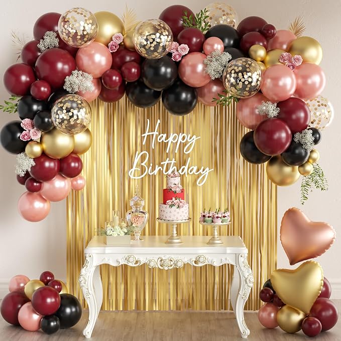 157PCS Burgundy Gold Black and Rose Pink Balloons Arch Garland Kit with Gold Fringe Curtain for Women Girls Birthday Bridal Shower Wedding Valentine's Day Party Decorations