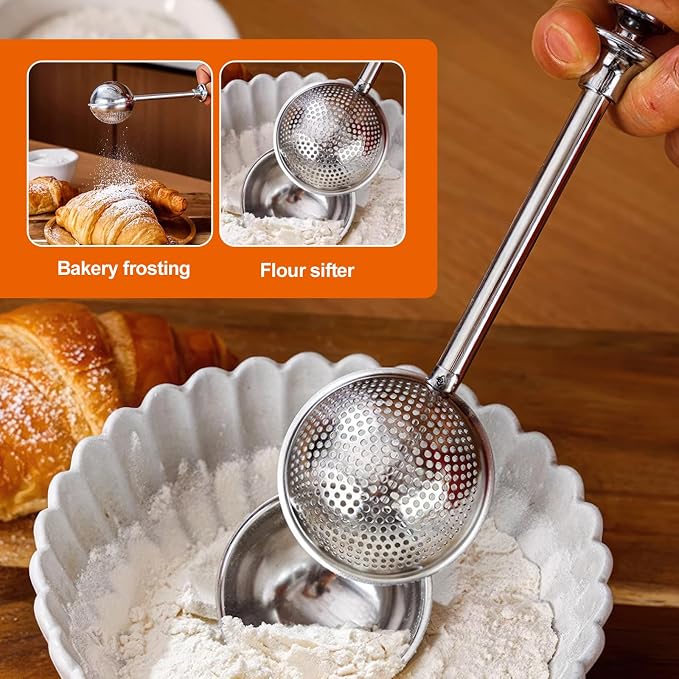 Powdered Sugar Flour, Powdered Sugar Shaker Duster Flour Dispenser Shaker with 18/8 Stainless Steel One-handed Operation Shaker Duster for Sugar Flour and Spices