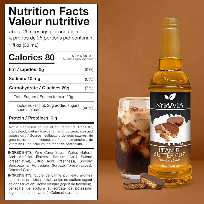 Syruvia Coffee Syrup, Peanut Butter Cup Flavored Syrup for Drinks, Lattes, and Desserts – 25.4 fl oz - with Pump