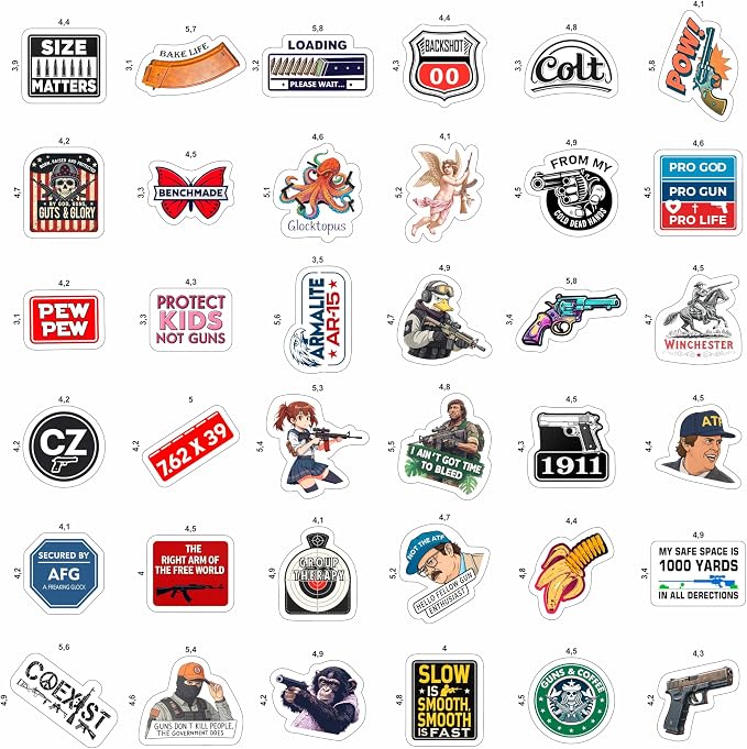 100Pcs Firearm Stickers and Decals, Gun & Tactical Stickers Pack- Military Decals - Firearm Party Decorations - Gift for Women & Men