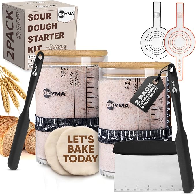 Sourdough Starter Kit - 2 Pack 34 oz, Sturdy Sourdough Starter Jar with 2 Bread Slings, Spatula Set, 5x Measuring Spoons, Dough Scraper & More Sourdough Bread Baking Supplies - Sour Dough Starter Jar