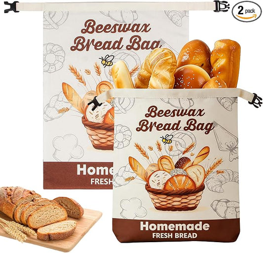 Beeswax Bread Bag, 2 Pack Reusable Bread Bags for Sourdough & Homemade Bread, Phsfem XL Size Organic Cotton Linen Bags with Natural Beeswax Lining,for Bread Freshness,Friendly Use,Brown