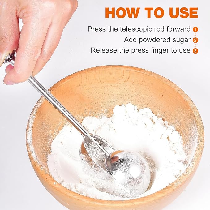 Powdered Sugar Flour, Powdered Sugar Shaker Duster Flour Dispenser Shaker with 18/8 Stainless Steel One-handed Operation Shaker Duster for Sugar Flour and Spices (2)