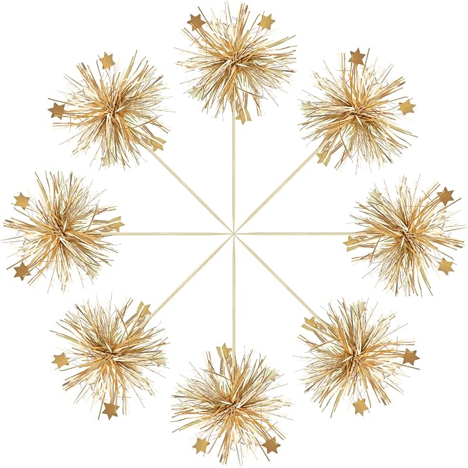 Gyufise 30Pcs Foil Firework Cupcake Toppers Happy Birthday Cake Toppers Sparkle Tinsel Flower Drink Stirrers Cocktail Food Fruit Toothpicks for Valentine's Day Party Supplies Gold