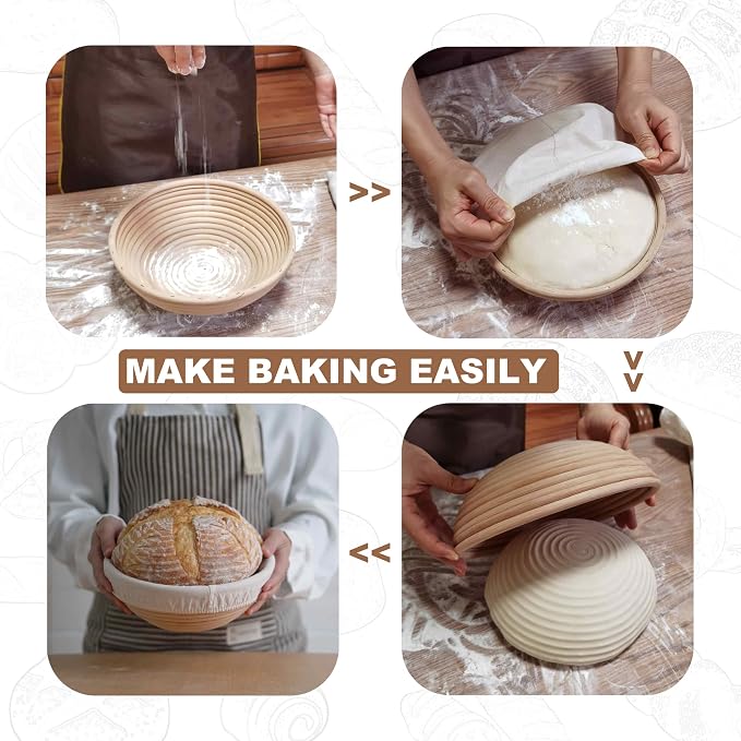 Banneton Bread Proofing Basket set of 2, 9 Inch Round Sourdough Proofing Baskets with Liner,Dough Proofing Bowls,Made of Natural rattan,for Sourdough Bread Baking Supplies