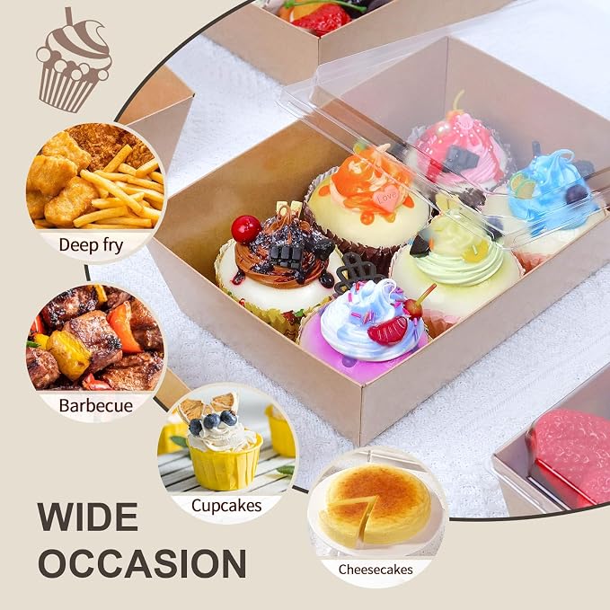 8 x 6 Inch Paper Charcuterie Boxes with Clear Lids, 50 Pack Large Disposable Food Containers, Take Out Bakery Boxes for Cake Slice, Cupcakes, Sandwiches, Cookies, Cocoa Bombs, Salads (Brown)