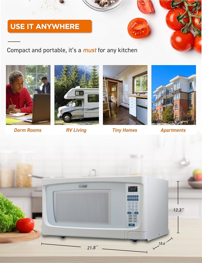 COMMERCIAL CHEF 1.6 Cubic Foot Microwave with 10 Power Levels, Small Microwave with Push Button, 1000 Watt Microwave with Digital Control Panels, Countertop Microwave with Timer, White